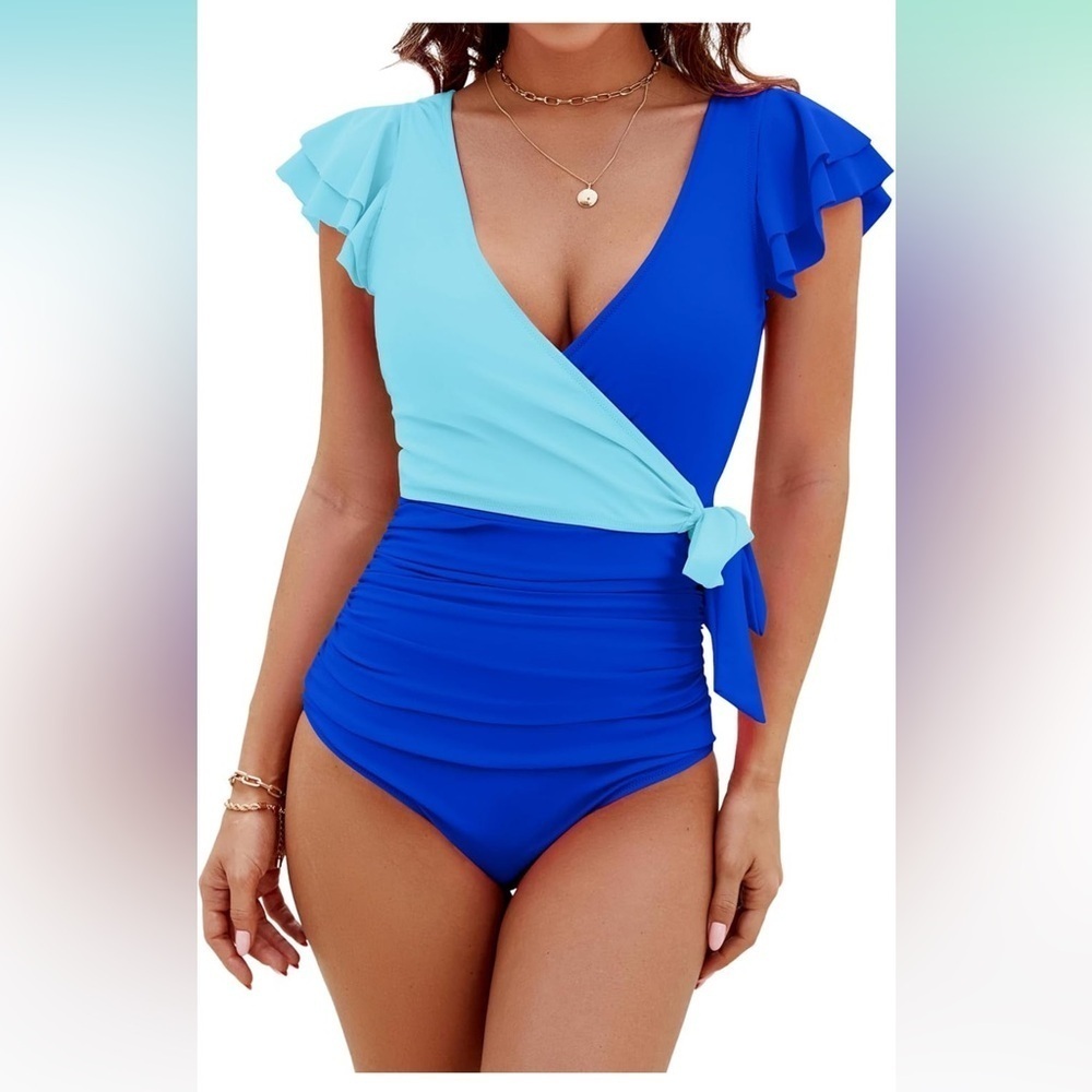 🆕 Tummy Control Slimming One Piece Bathing Suit Ruffle Wrap V Neck Swimwear